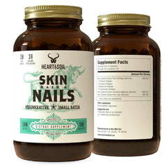 Heart & Soil bottle front view showing 180 capsules for daily skin, hair and nails support