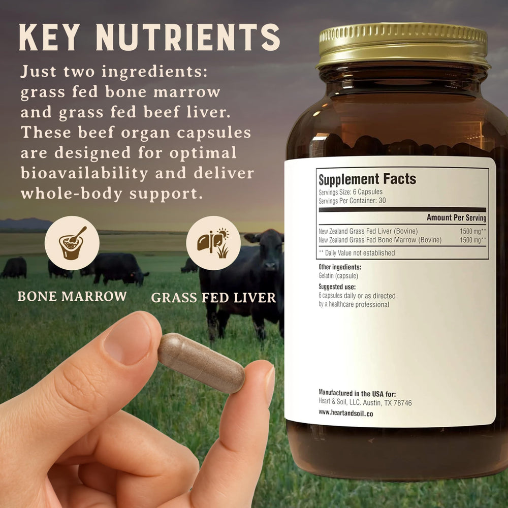 Heart & Soil daily-use capsules poured into hand for easy intake.