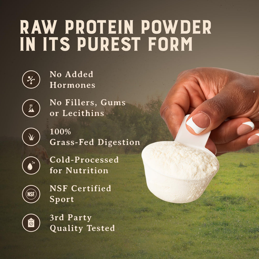 Single-ingredient whey protein panel, Heart & Soil branding.