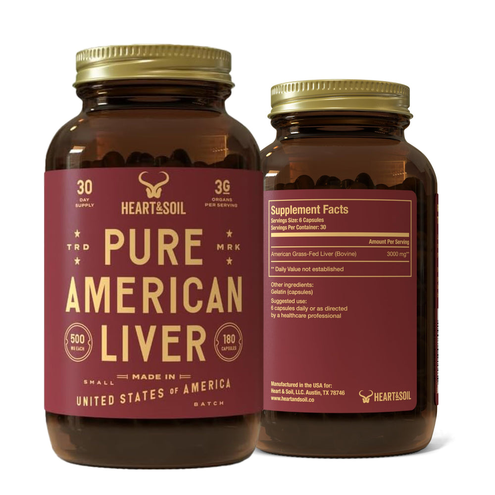 Heart and Soil beef liver capsules in glass bottle for daily energy support