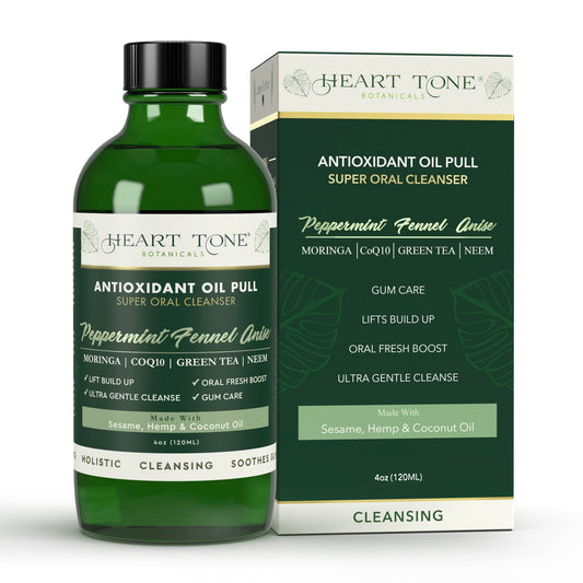 Heart Tone Botanicals antioxidant oil pulling bottle highlights a plant-based mouth care ritual for fresher breath.