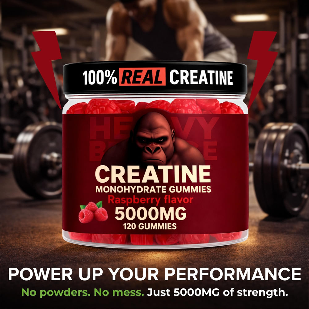Heavy Balance gummies dispensing view highlighting chewable convenience during workouts.