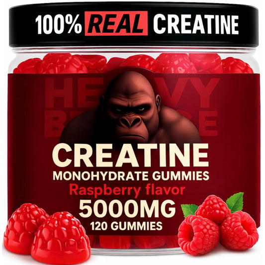 Heavy Balance Creatine Gummies label showcasing 5000mg serving for strength.