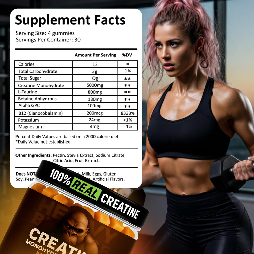 Heavy Balance Creatine Gummies chew texture closeup for convenient pre-workout use.