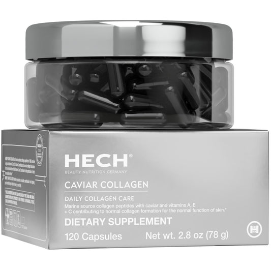 HECH Caviar capsules bottle closeup highlighting marine collagen for skin vitality