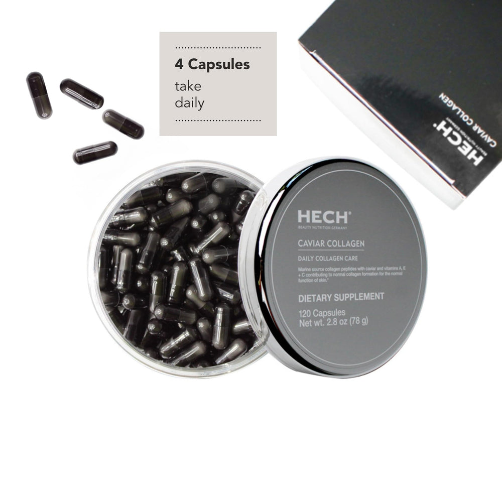 HECH Caviar capsules being poured to show easy daily intake