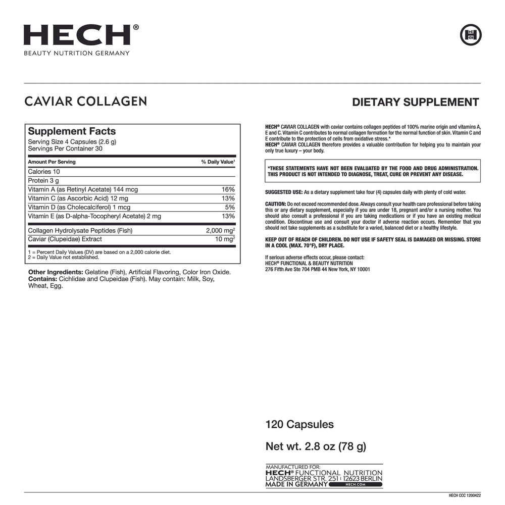 HECH Caviar capsules ingredients scene highlights marine collagen and vitamin blend