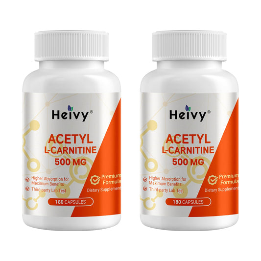 Heivy Acetyl L-Carnitine 500 mg bottle showing product branding and label.