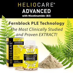 Heliocare Advanced bottle and capsules displayed in a clean setup.