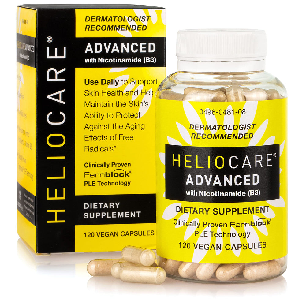 Heliocare Advanced niacin B3 capsules in bottle supporting skin health.
