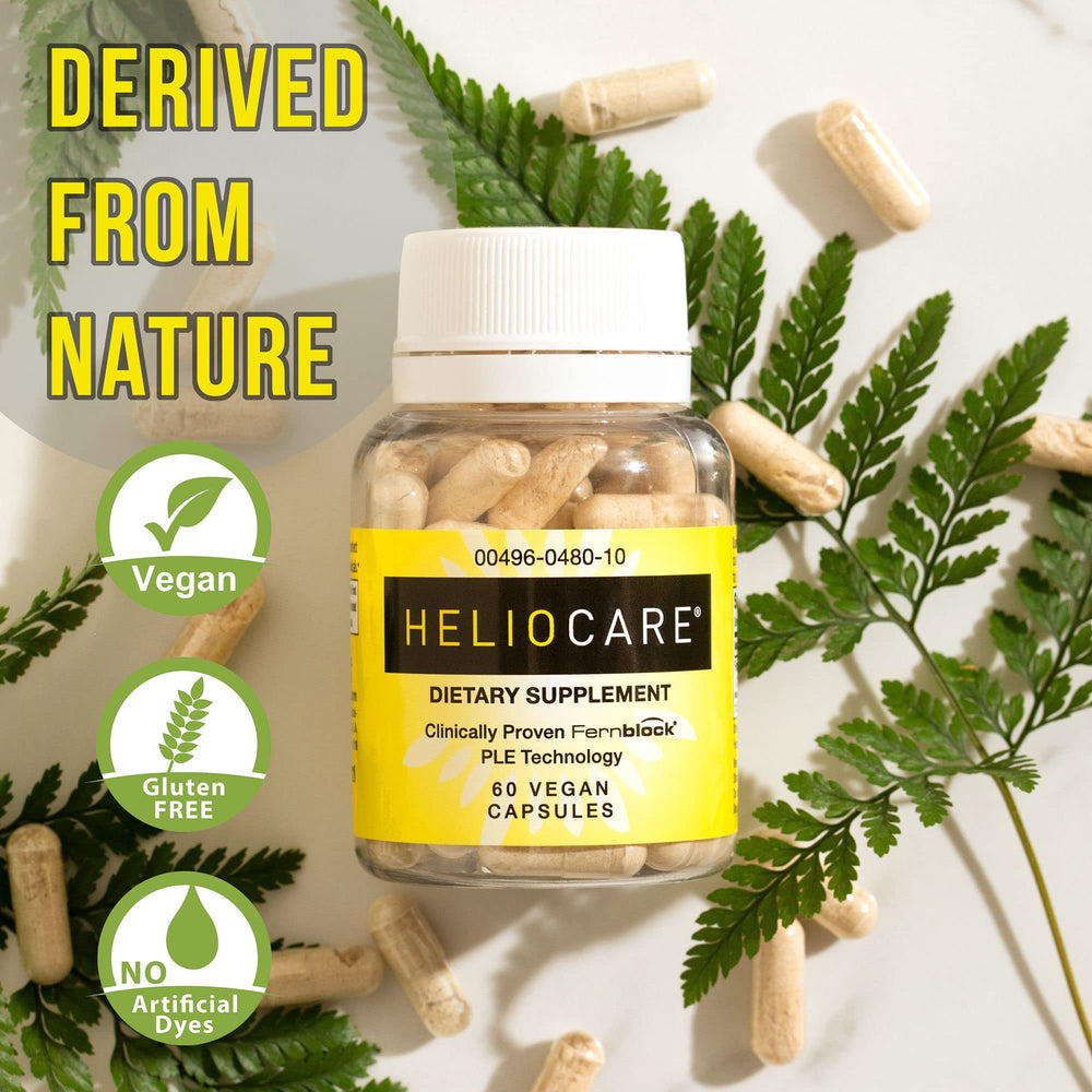 Heliocare packaging displayed on a bright kitchen counter.
