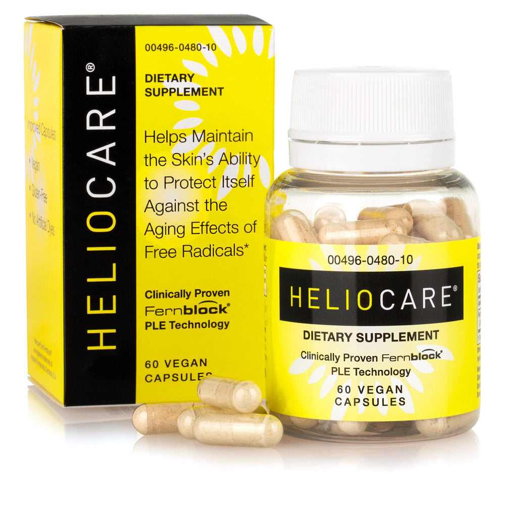 Heliocare bottle and capsules ready for daily antioxidant support.