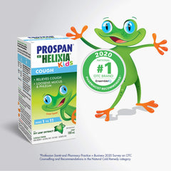 Helixia Prospan bottle on a shelf signaling a safe, all natural option for kids