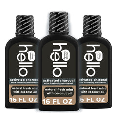 Hello activated charcoal mouthwash bottle boosts fresh breath and clean mouthfeel.