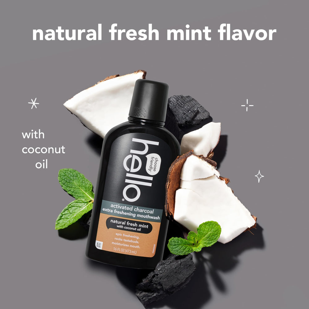 Hello alcohol-free mouthwash packaging shown for gentle rinsing without ethanol.