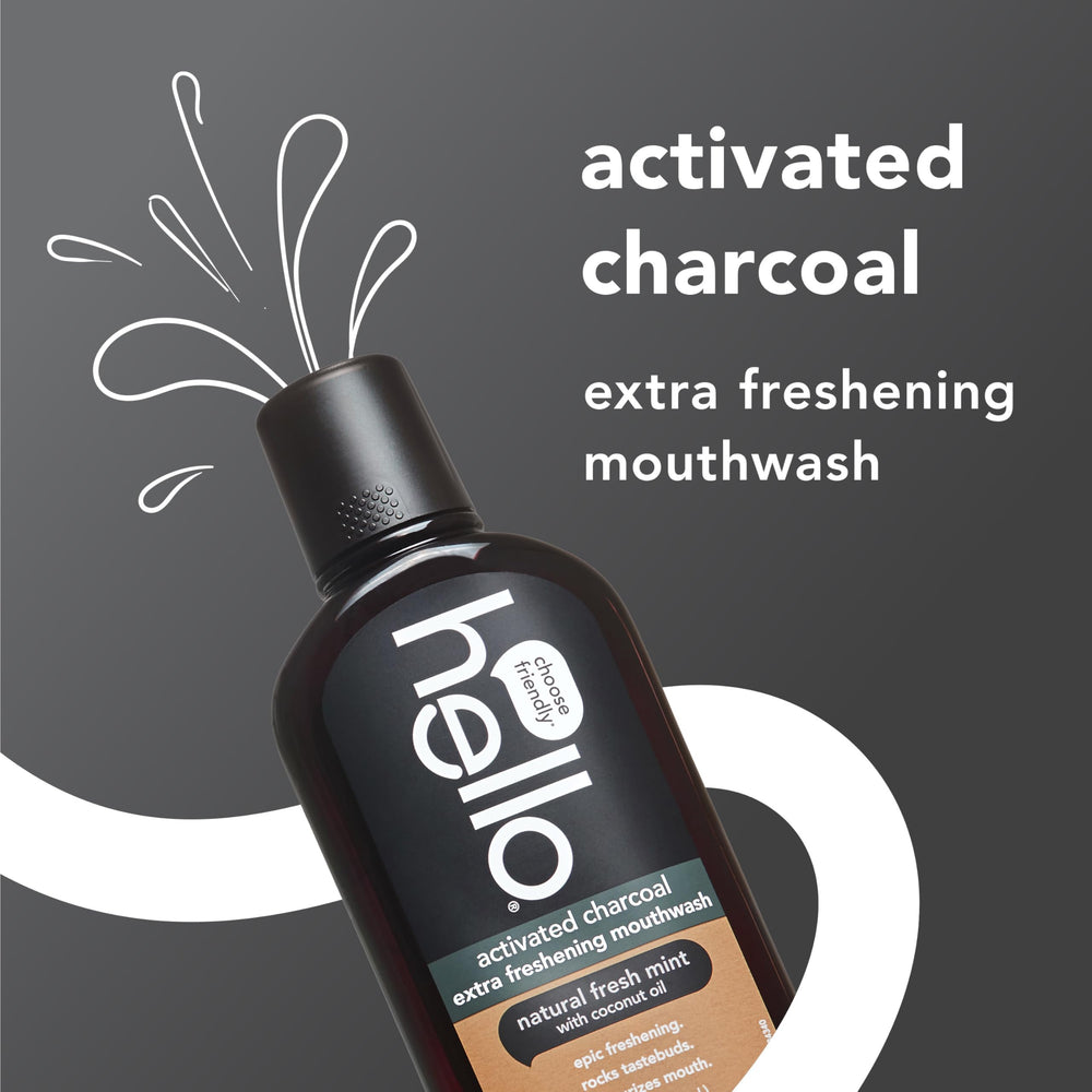 Hello natural fresh mint mouthwash pack highlights minty flavor and alcohol-free formula.