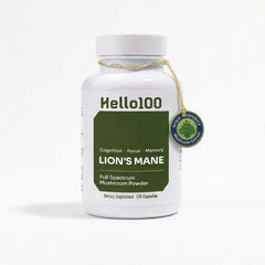 Hello100 Lions Mane capsules on a bottle, suggesting cognitive focus support.