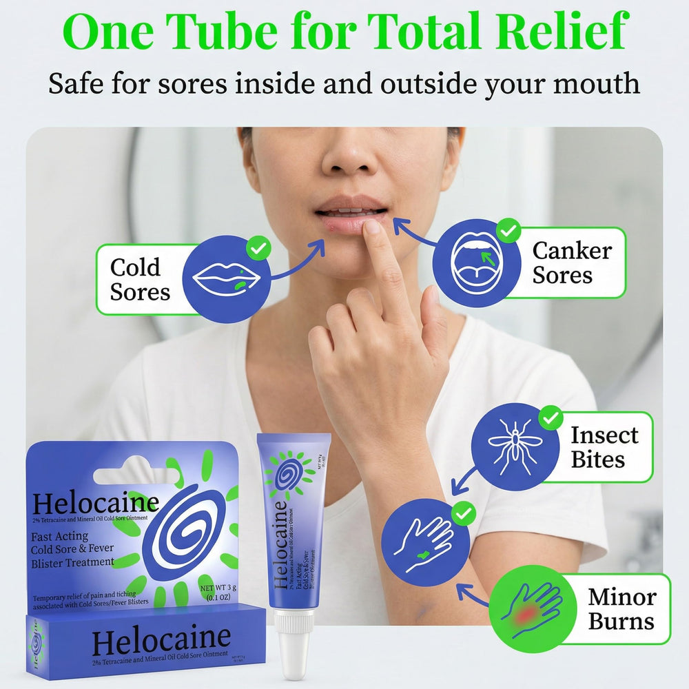 Helocaine dentist-recommended cold sore treatment placed on bathroom counter.