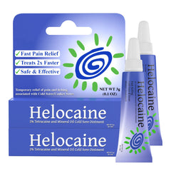 Helocaine fast-acting cold sore treatment tube ready for quick relief.