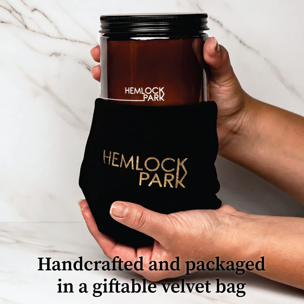 Hemlock Park candle in velvet pouch, gift-ready presentation
