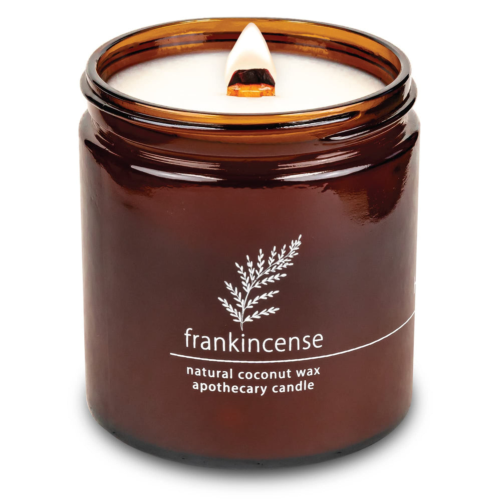 Hemlock Park crackling wood wick candle in 16 oz Frankincense for cozy evenings.