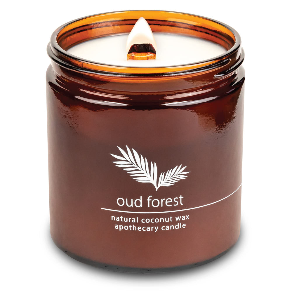 Hemlock Park Oud Forest candle, wood wick, top view highlighting premium ambiance.