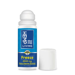HEMP LIVING Freeze Roll-On bottle close-up shows premium hemp extract and cooling sensation