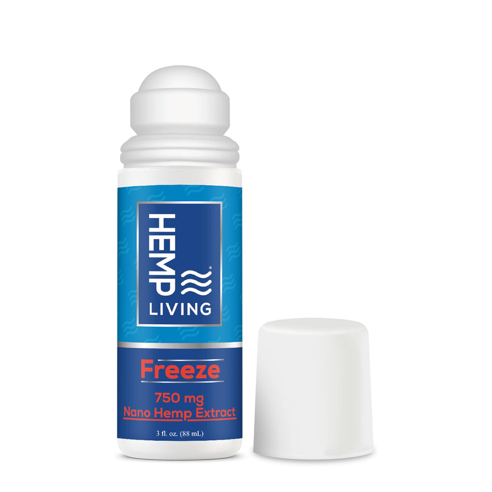 HEMP LIVING Freeze Roll-On bottle for quick cooling relief on targeted spots.