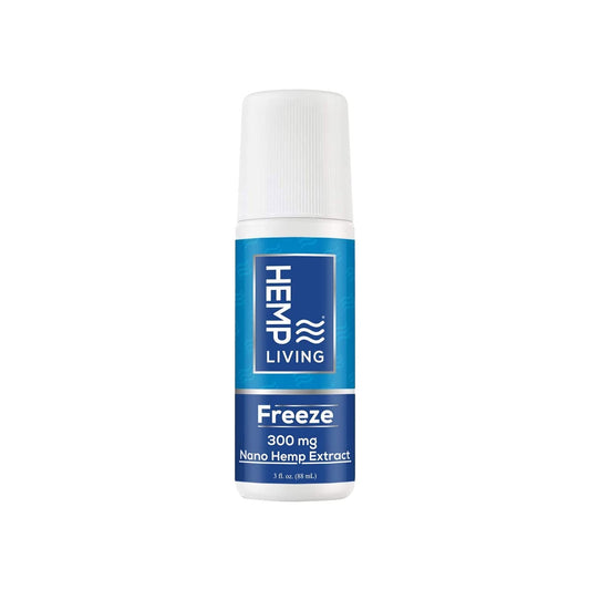 HEMP LIVING Freeze Roll-On bottle with cooling, fast-acting relief.