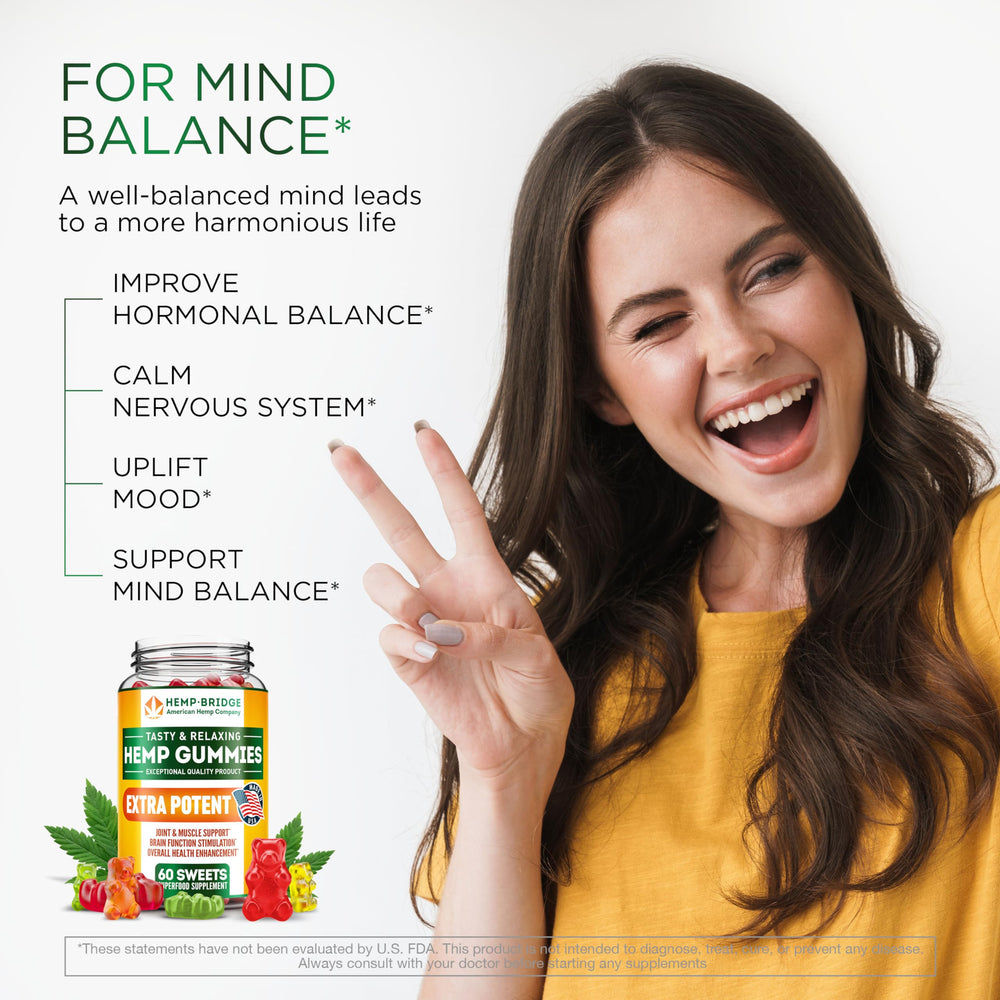 HempBridge omega-3-6-9 gummies bottle adds skin and hair support.