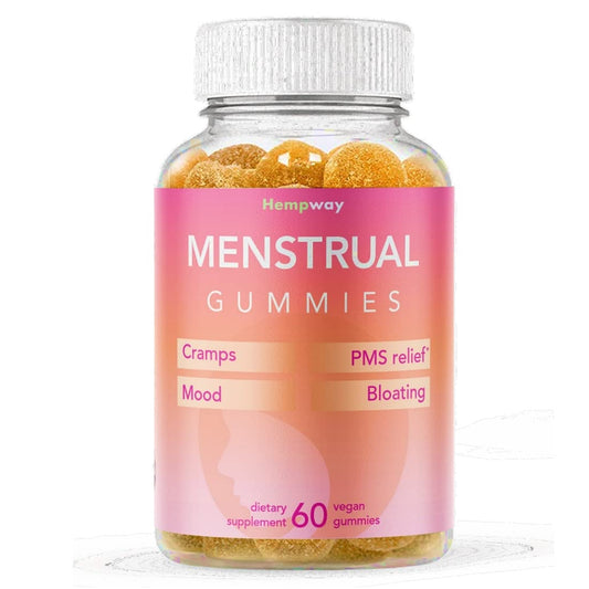 HEMPWAY menstrual gummies orange bottle for daily period comfort.