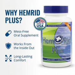 Close-up of HemRid Plus cap with capsules and clear branding.