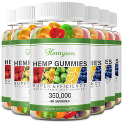 Hemyum Hemp Gummies 6-pack bottle on a counter for daily wellness.