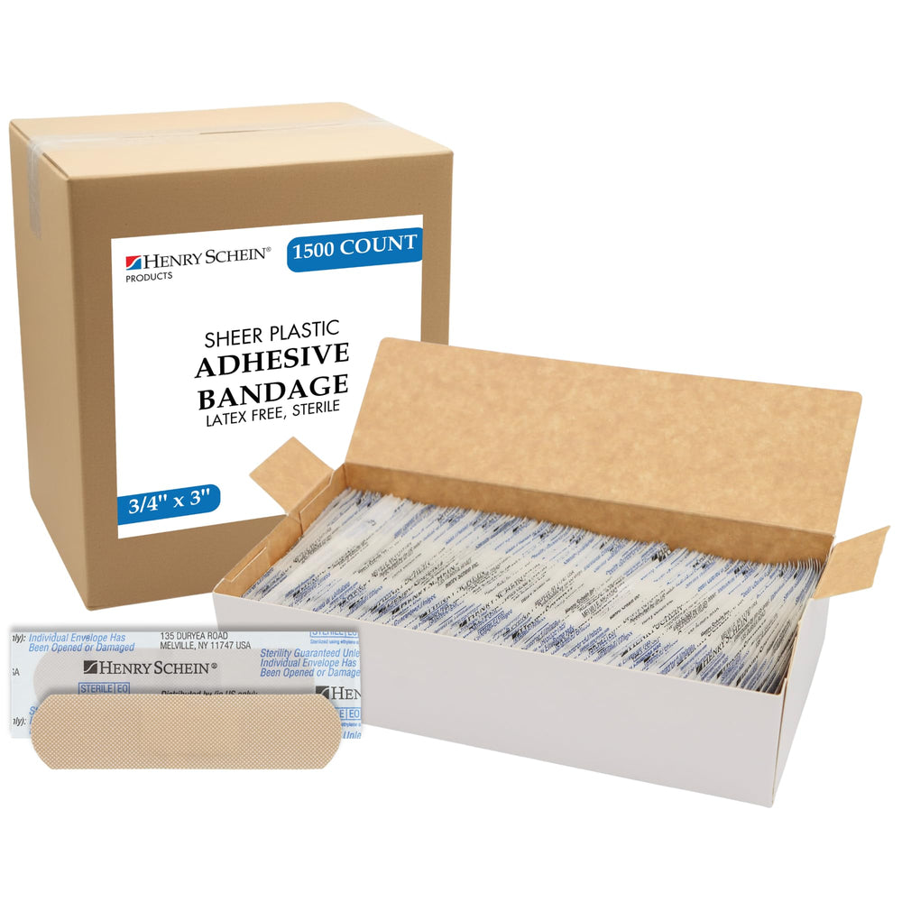 Henry Schein sheer adhesive bandages in a bulk case for classrooms and offices.