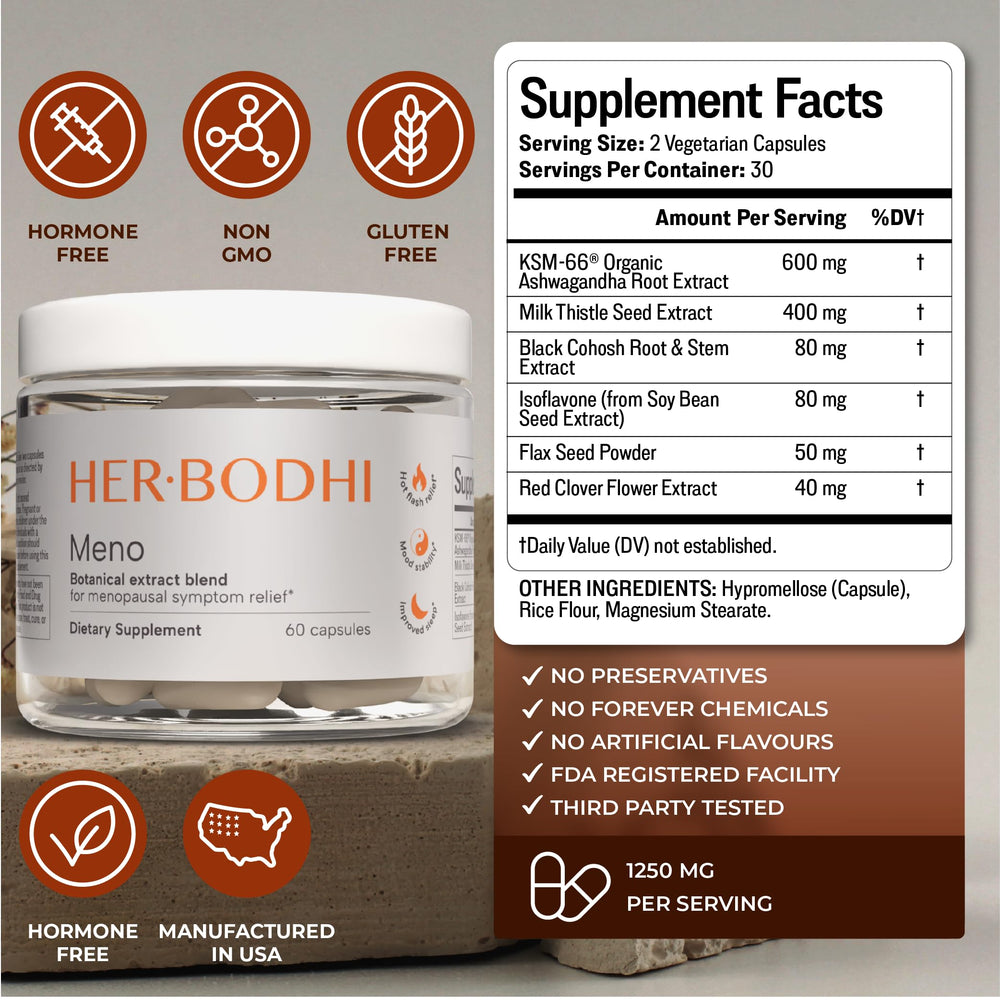Her Bodhi Meno packaging shows vegan, gluten-free, non-GMO attributes for daily use.