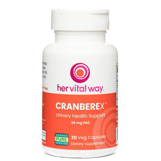 Her Vital Way Cranberex capsules, 36 mg PAC, for urinary tract support.