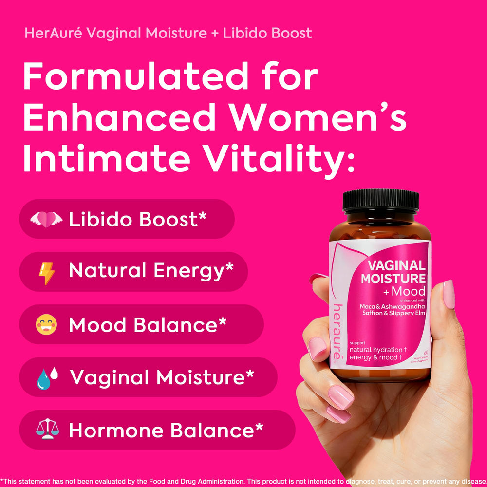HerAuré capsules show Maca-triple extract for balanced energy.