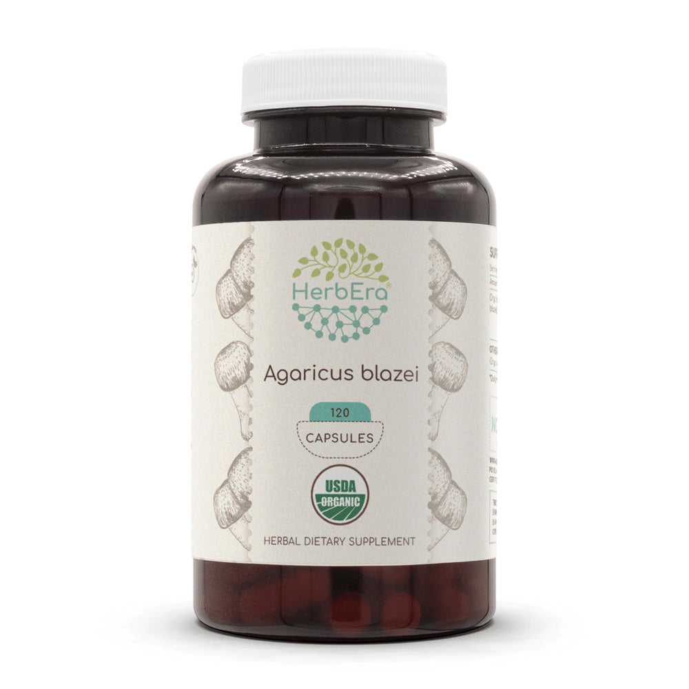 HerbEra Agaricus Blazei bottle showing organic capsules for daily use