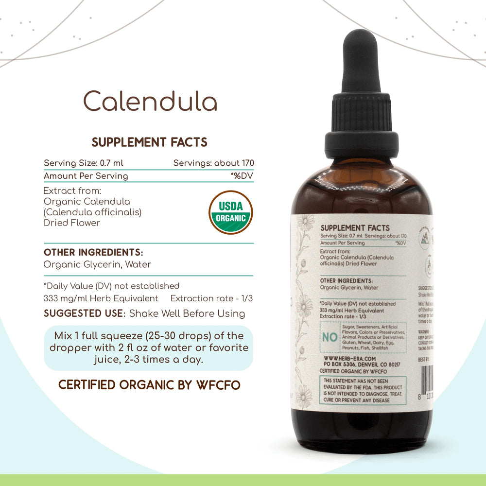 HerbEra Calendula label front highlights certified organic calendula quality.