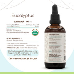 HerbEra Eucalyptus B120 tincture label close-up showing USDA Organic certification.