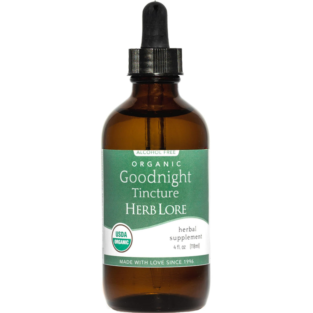 Herb Lore GoodNight tincture bottle showing organic, melatonin-free herbal blend.