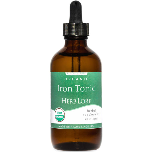 Herb Lore Iron Tonic bottle with dropper, gentle plant-based iron for families