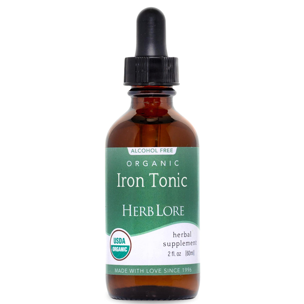 Herb Lore Iron Tonic bottle pour demonstrates easy supplementation for daily iron support.