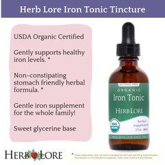 Herb Lore Iron Tonic drops shown dosing for different ages.