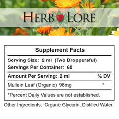Herb Lore Mullein tincture packaging shows no alcohol or fillers.