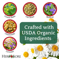 Closeup of Herb Lore Relax Tincture label shows organic ingredients.