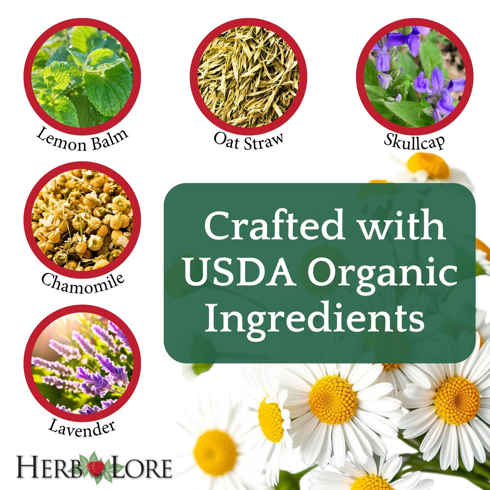 Herb Lore Relax Tincture label close-up shows USDA Organic ingredients.