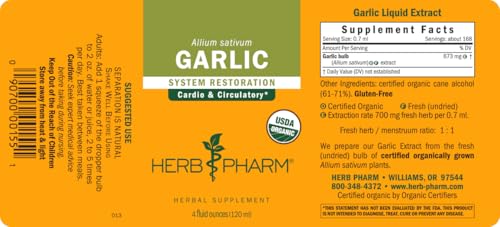 Herb Pharm front label communicates organic, trusted garlic extract.