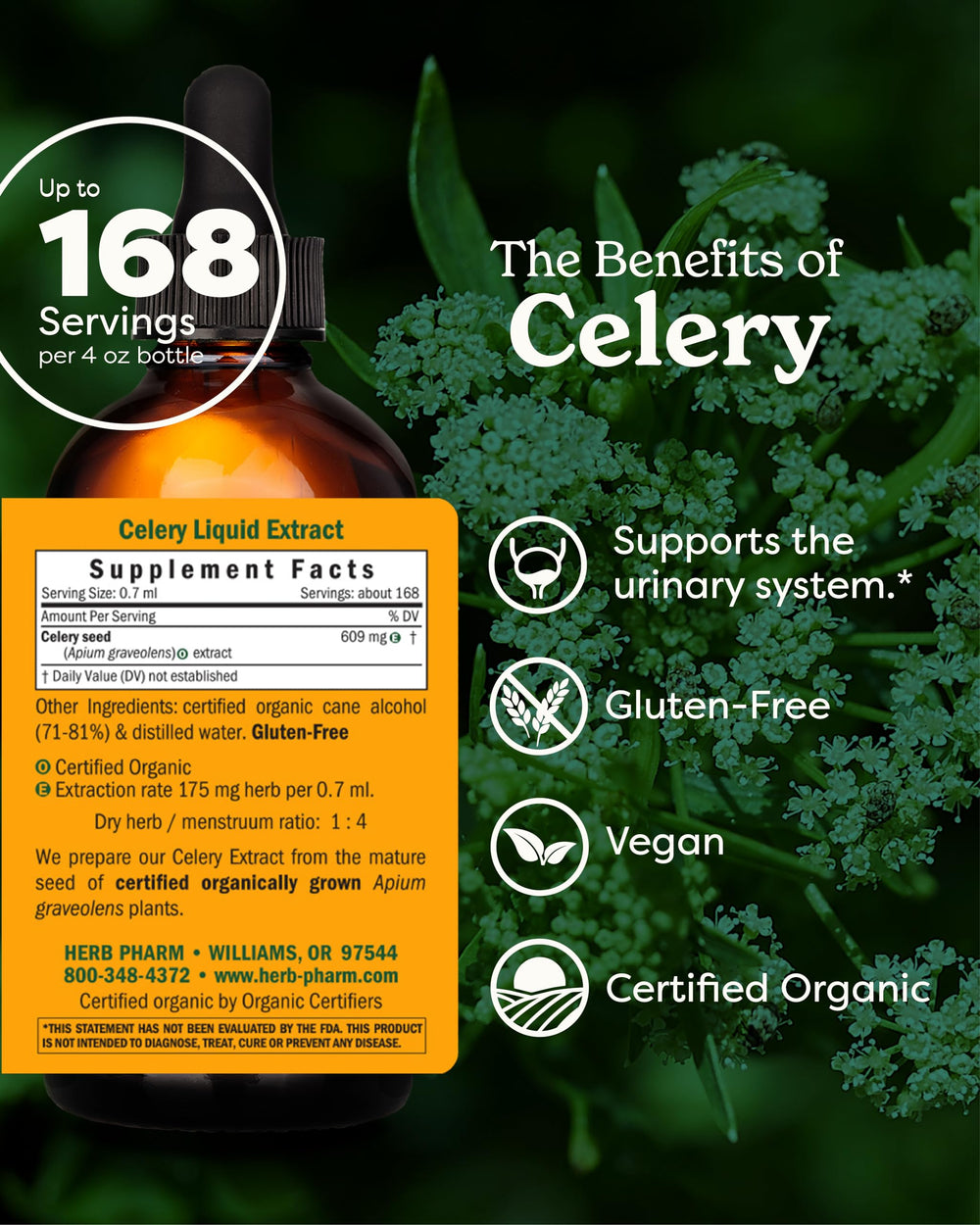 Herb Pharm Celery Seed Liquid Extract bottle label showing organic, non-GMO formulation
