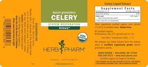 Herb Pharm Celery Seed Liquid Extract glass serving suggests usage for urinary support